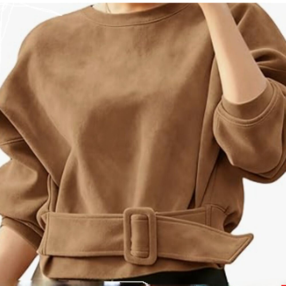 Faux Suede Pullover with Stylish Belt